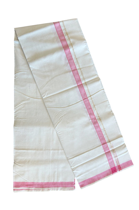 30% Discount ! KaithariKada 100% Cotton Balaramapuram HANDLOOM Single Mundu/Dhoti - Off White (Unbleached)  1.Inch (2 meter / 4 muzham) Pink & Stripes Kasavu Puliyilakkara Chutty- KK32KAI