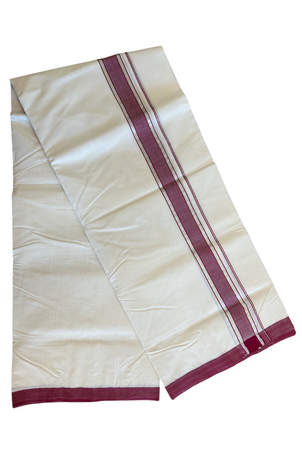25% Discount !! KaithariKada HANDLOOM millpaav Balaramapuram - 100% PURE Cotton OFF White Double - (Unbleached)  Mundu/Dothi - 2.25  inch Silver kasavu & Maroon shaded kara 4.5 Meters (10 Muzham) - 11KK5081RAM