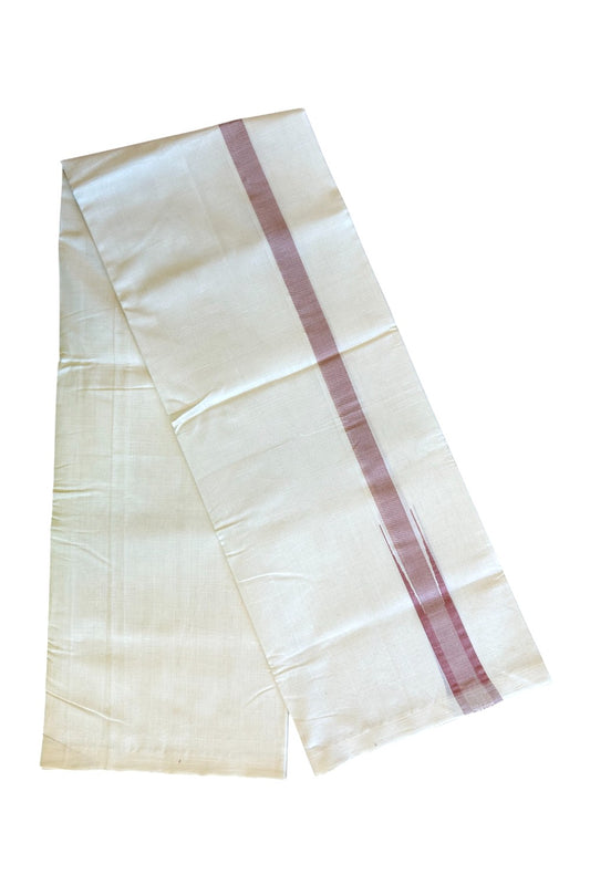 30% DISCOUNT! KaithariKada BALARAMAPURAM HANDLOOM UNAKKUPAAV - 100% PURE Cotton Off white (Unbleached) Double Mundu/Dhoti - 1.25 inch Dark Peach & Silver Kasav Chutty  Kara - 11KK5123RAM