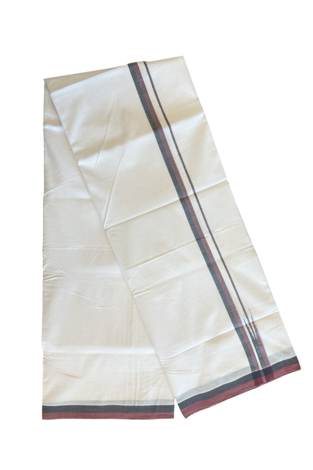 DMK Veshti - 25% Discount !! KaithariKada Balaramapuram Double PURE WHITE Mundu/Dhoti - 100X100 - 0.75 inch Puliyilakkara Maroon & Black Chutty Kara  - 9KK5127ASH