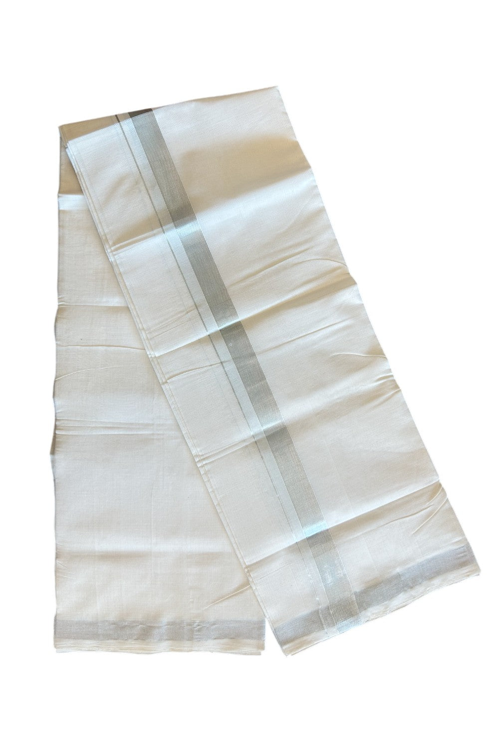 30% DISCOUNT! KaithariKada HANDLOOM unakkupaav Balaramapuram - 100% PURE Cotton Off White (Unbleached) Double Mundu/Dhoti - 1.25 inch Silver Kasav Kara - 11KK2018YAR