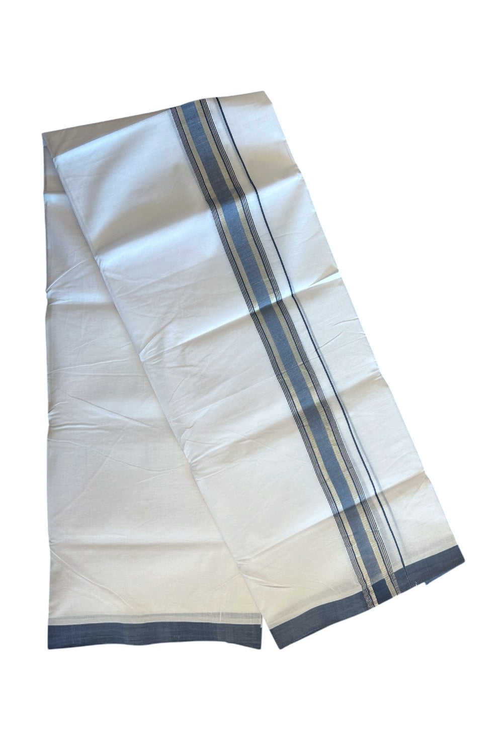 30% Discount KaithariKada HANDLOOM Unakkupaav Balaramapuram - 100% PURE Cotton PURE WHITE - 100x100 Double Mundu/Dhoti - 1.5 inch Ash Blue & Silver Kasavu Shaded Kara - 11KK5129YAR