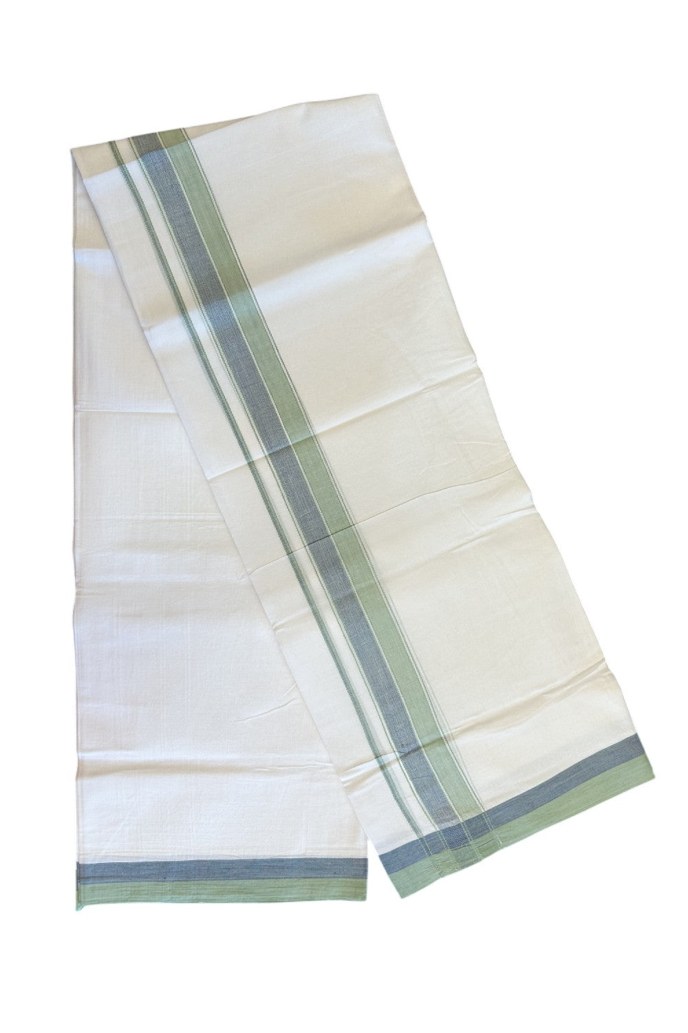 28% DISCOUNT! KaithariKada Balaramapuram 100% Cotton PURE WHITE Double Mundu/Dhoti - 100x80 - 1.75 inch Pista Green & Blue shaded designer kara - 11KK5134THI