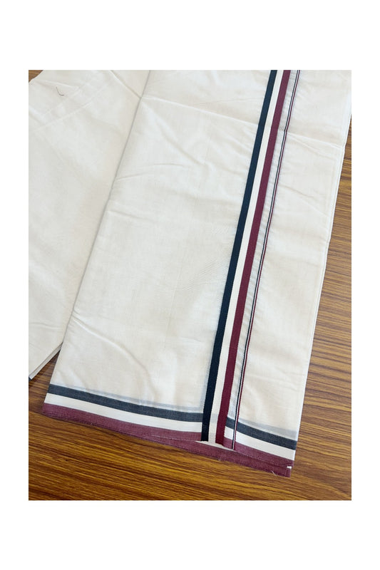 ADMK VESHTI - 23% DISCOUNT! KaithariKada 100% Cotton off white Double - (Unbleached) Mundu/Dhoti - 100X100 - 1 inch Black White & Maroon kara - 1KK5076ASH