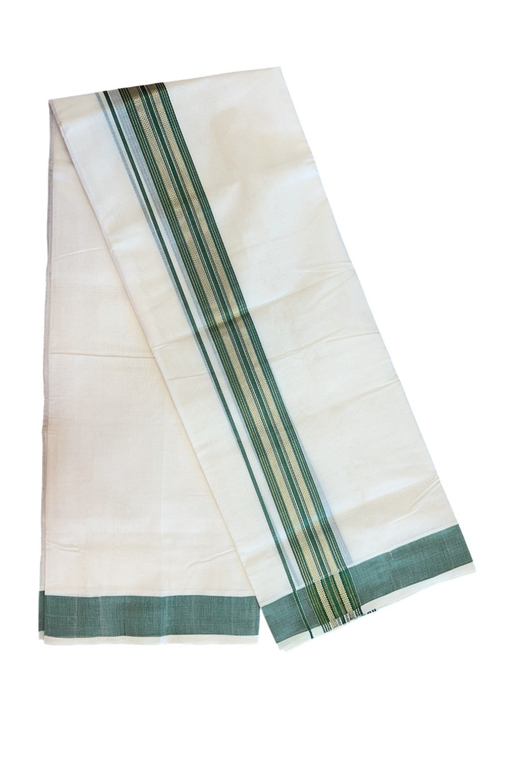 27% DISCOUNT!! KaithariKada HANDLOOM millpaav Balaramapuram - 100% PURE Cotton OFF White - (Unbleached) Double Mundu/Dothi - 2 inch Green colour kasavu  & Gold Kasavu Striped kara - 4KK5162RAM