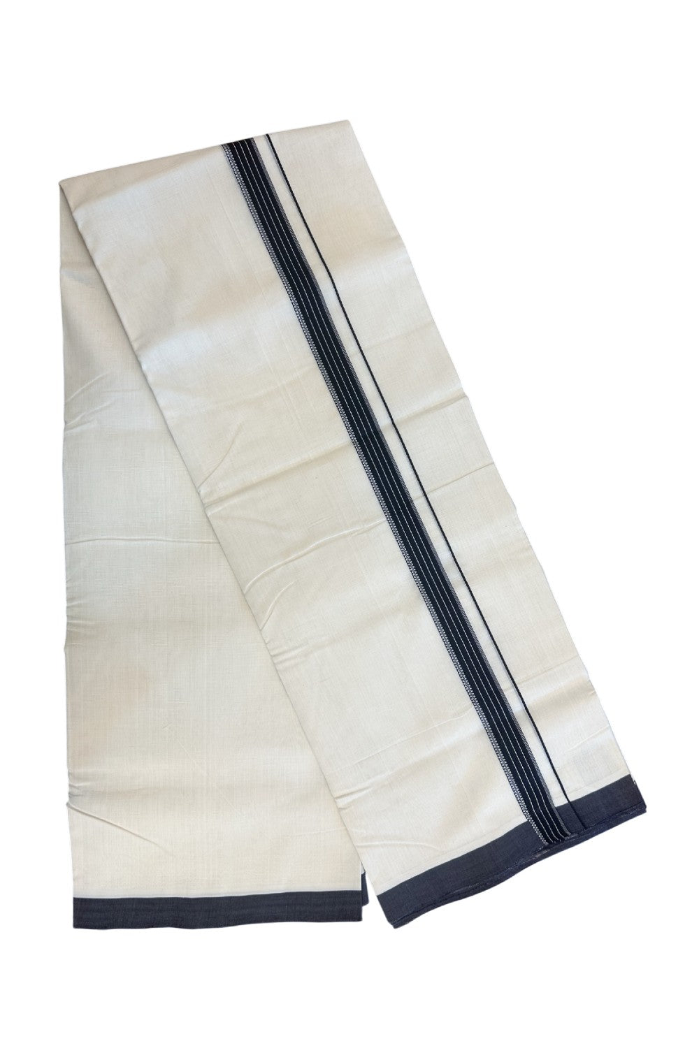25% DISCOUNT!! KaithariKada HANDLOOM  UNAKKUPAAV Balaramapuram - 100% PURE Cotton OFF White - (Unbleached) Double Mundu/Dothi - 100x100 - 1 inch Navy Blue & White pattern kara 3.80 meter (8.5 Muzham) - 15KK5167REA