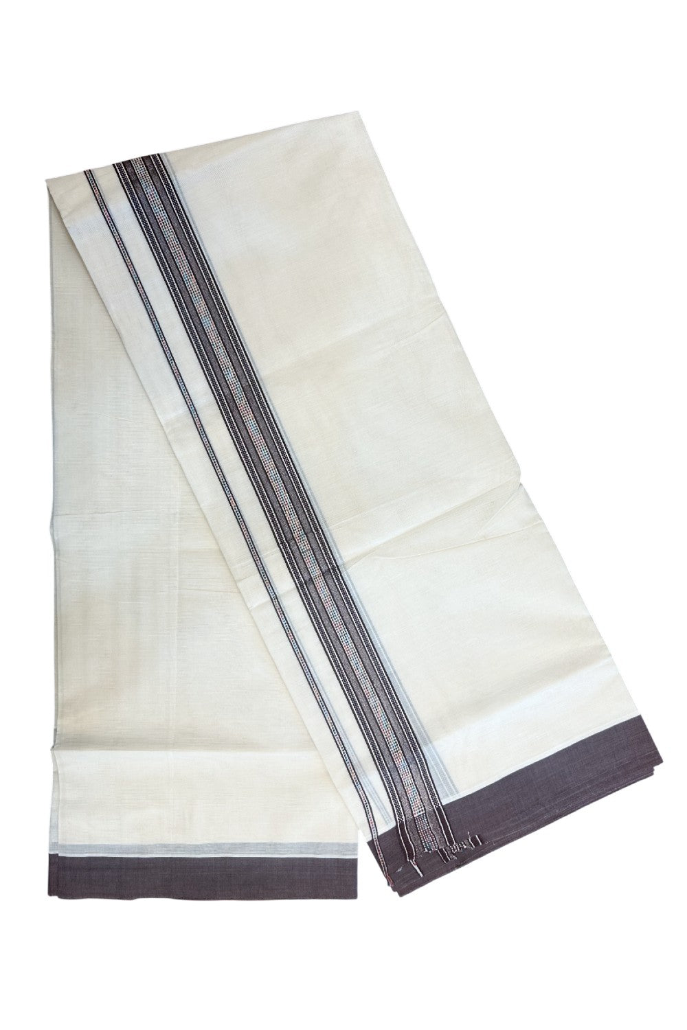 20% DISCOUNT ! KaithariKada Balaramapuram 100% Cotton Double off white (Unbleached) Mundu/Dhoti - 100X80 - 1.5 inch Silver kasavu & Dark Brown jacquard design kara - 11KK5172PMC