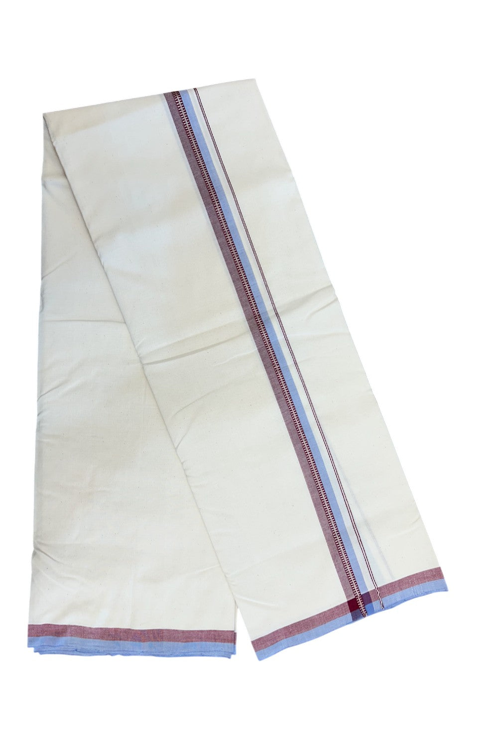 30%DISCOUNT!! SIGNATURE KAITHARIKADA EXCLUSIVE SINGLE DHOTI - 100% Cotton Balaramapuram HANDLOOM Single Mundu/Dhoti - Off White - (Unbleached) 1 inch Maroon Lavender & Silver Kasavu Striped Kara (2 meter / 4 muzham)- 11KK5173KAI