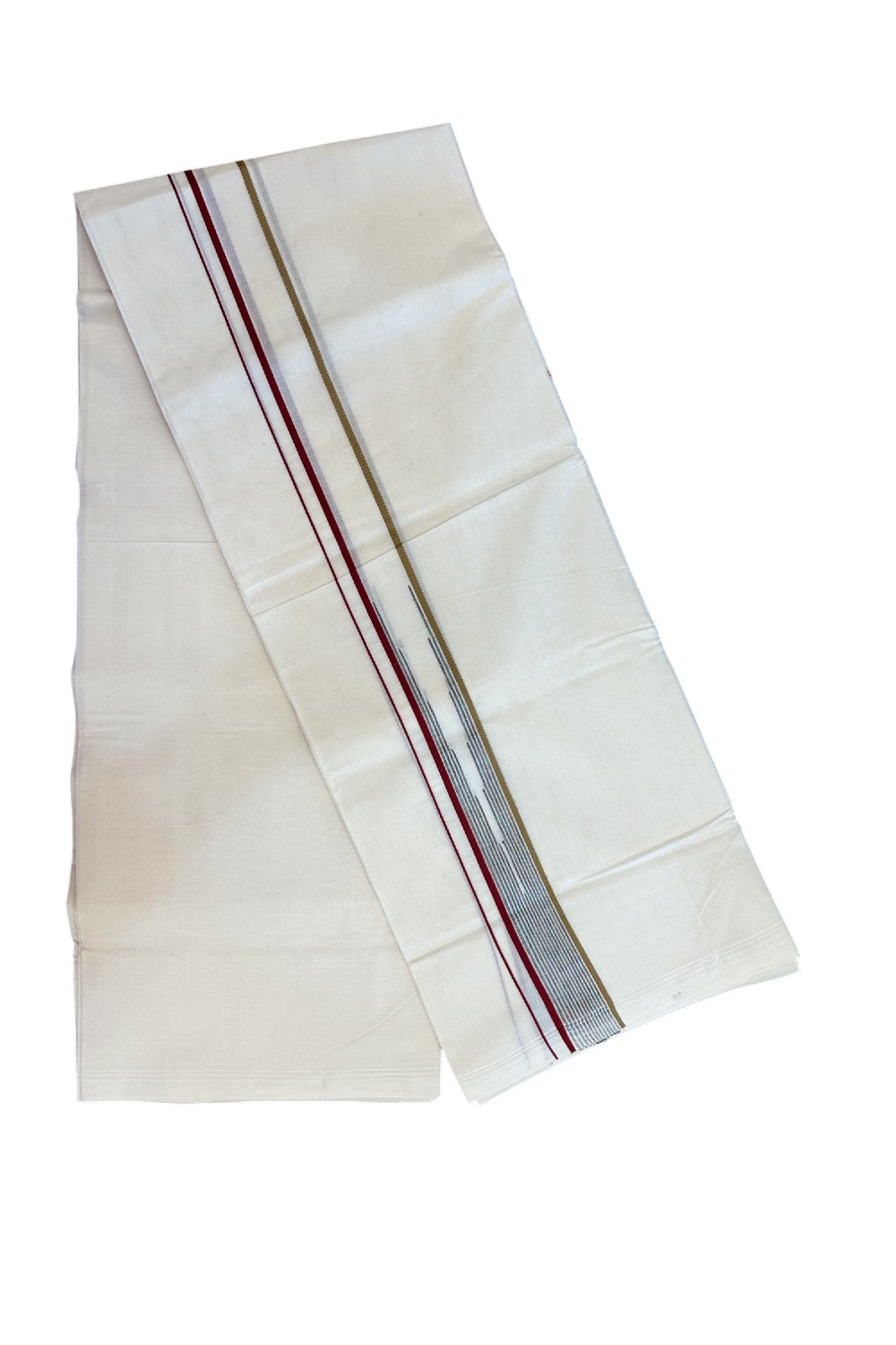 20% Discount ! Kaitharikada Balaramapuram 100% Cotton Double Off white (Unbleached) Mundu/Dhoti - 100x80 - 1.5 inch Maroon & Brown Stripes Chutty Kara - 11KK5186CKS