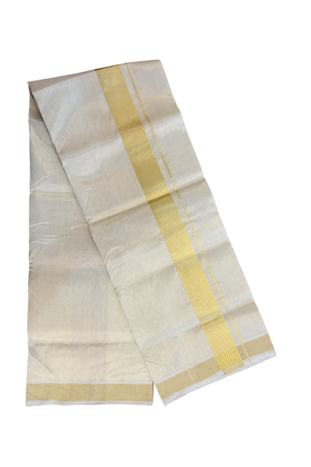 25% DISCOUNT! KaithariKada HANDLOOM UNAKKUPAAV Balaramapuram - 100% PURE Cotton Off White (Unbleached) - Double Mundu/Dhoti - 2 inch Gold striped Kasavu Tissue Body - 11KK5190ABH