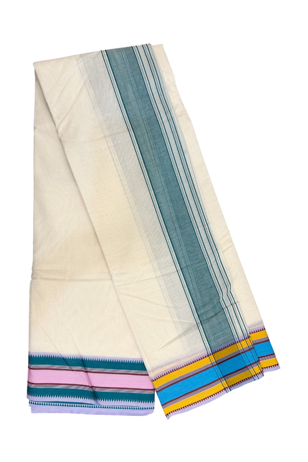 20% DISCOUNT! KaithariKada 100% Cotton Off White - (Unbleached) - Pure Cotton -100x100 thread - NORTH INDIAN - ATTACHED GAMCHA 9X5 Dhoti Green kara with Yellow Maroon & Pink Green Striped border- 11KK5196PMC