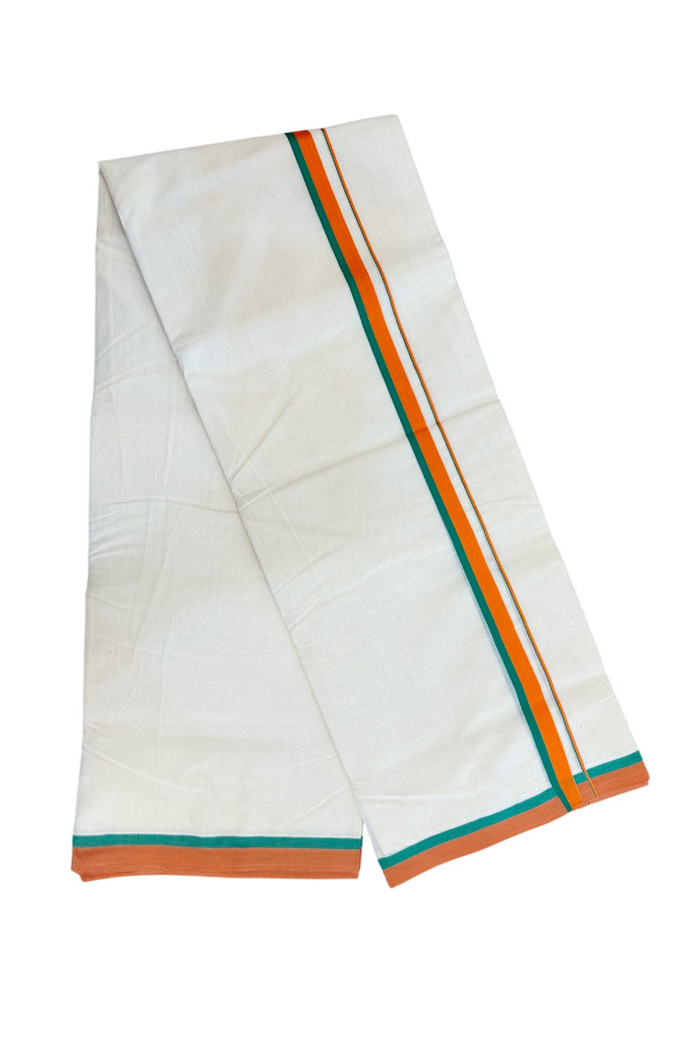 BJP VESHTI - 20% DISCOUNT! KaithariKada 100% Cotton off white Double - (Unbleached) Mundu/Dhoti - 100X80 - 0.75 inch Orange & Green Kara - 3.80 mtr ( 8 muzham)- 11KK5228 ASH