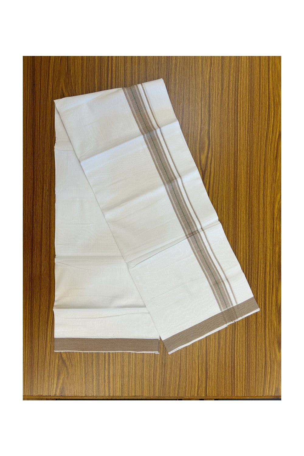 24% Discount !! KaithariKada Balaramapuram 100% Cotton Pure white Single Mundu/Dhoti - Twisted 60s Thread- 1.25 inch Silver Kasavu Pastel Brown & Green Shaded Striped Kara (2 meter / 4 muzham) - 11KK5241 GL