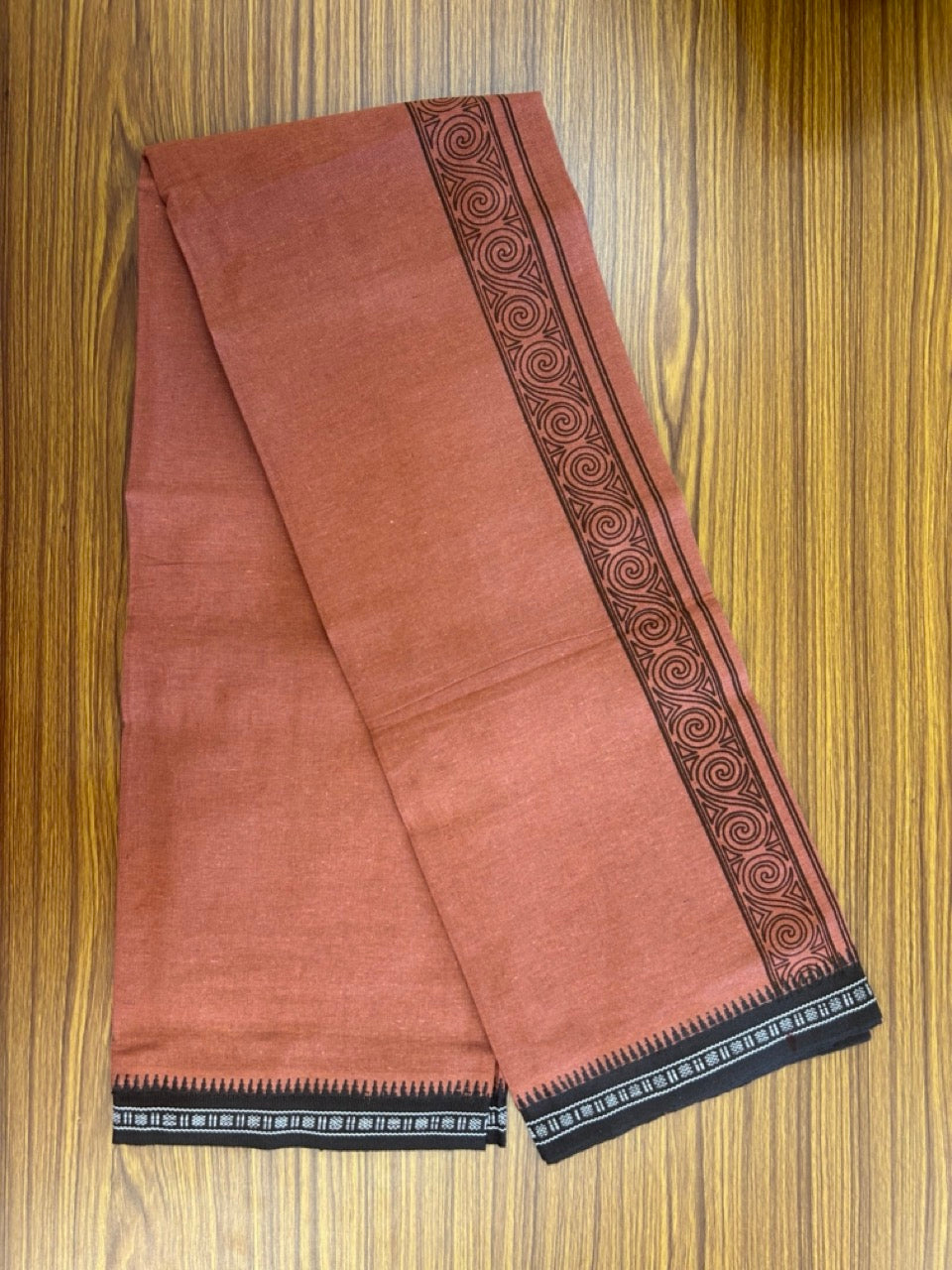 8% Discount!!! Kaitharikada Mixed Cotton Single KAVI - Kaily / Lungi - 3.25 inch Dark Brown Tribal Kuppadam Border (2 meter / 4 muzham) - 11KK8027 AS