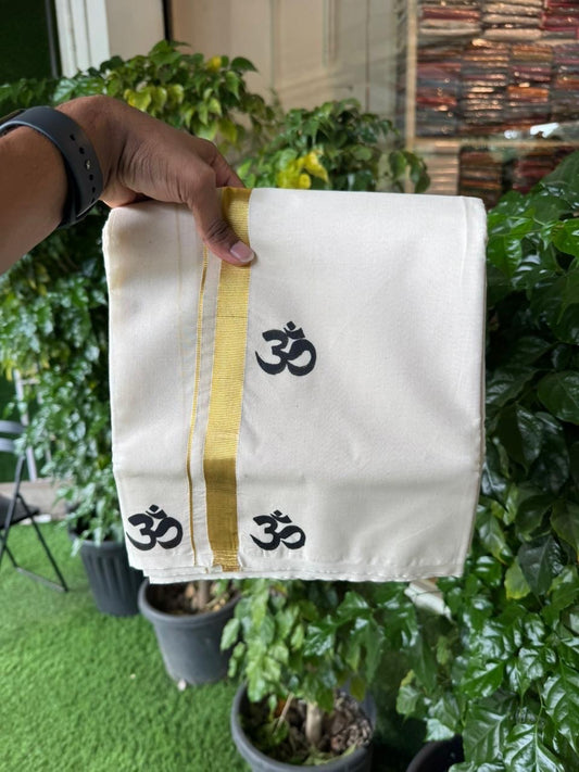 KaithariKada Balaramapuram 100% Cotton Double Off white - (Unbleached) Mundu/Dhoti-100x80 - 0.75 inch Hand Painted Gold Kasav & Black Ohm Design Kara 3.75 mtr (8 muzham) - 13 KK5244 ASH
