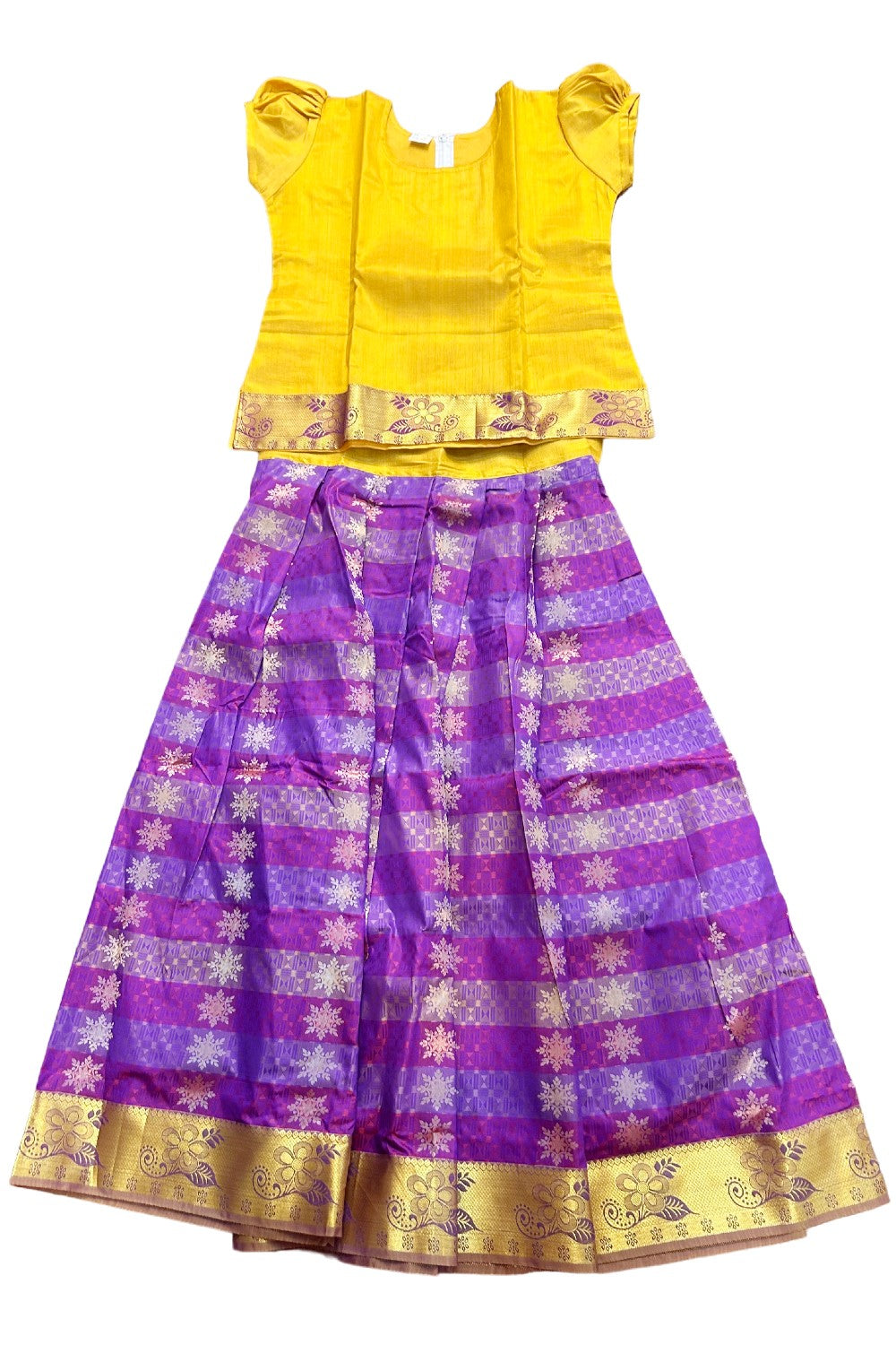 Midukki-Traditional South Indian Kids Pattu Pavada- Yellow tissue top Violet skirt with emboss work- Age 15&16 - KK15&16MID0011