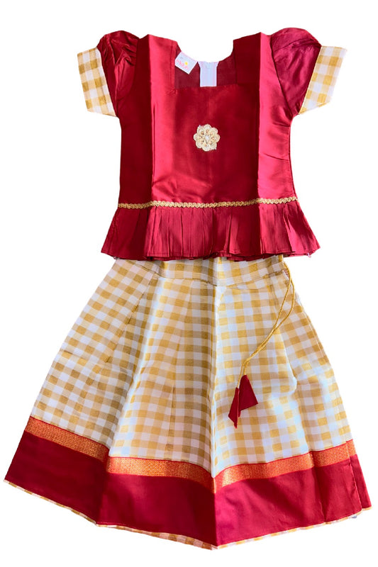 Midukki-Traditional South Indian Kids Pattu Pavada- Maroon top with pleats tissue check skirt with maroon border- Age 3 - KK3MID0011