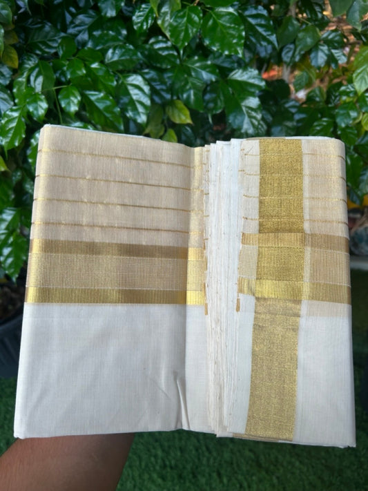 25% Discount ! KaithariKada Handloom Milpaav Balaramapuram - Pure Cotton Off White - (Unbleached) Double Mundu/Dhoti - (80X90s) - 7 inch Gold Kasav Striped & Half Tissue Kara - 101 KK5256 RAM