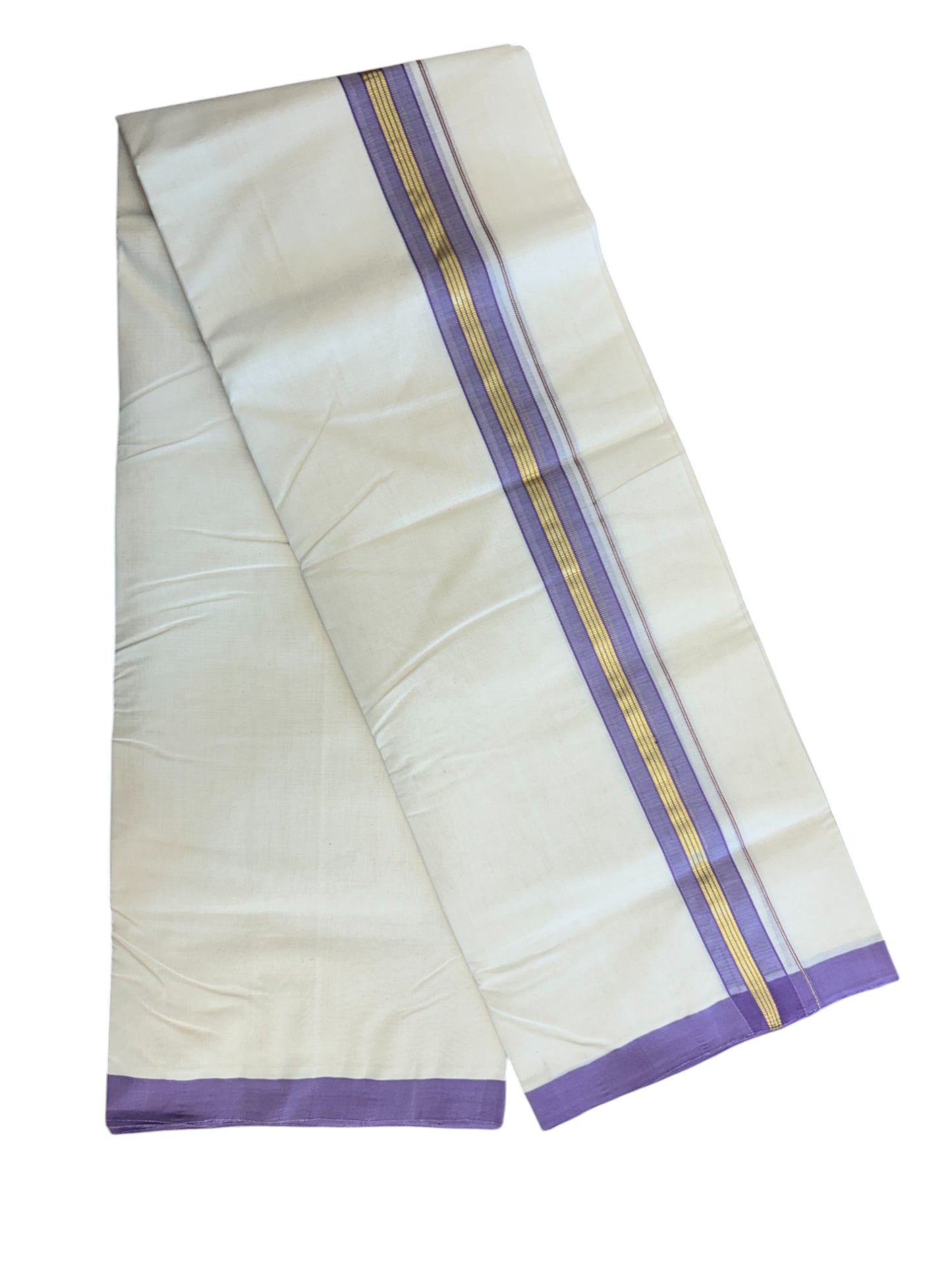 31% DISCOUNT!! KaithariKada HANDLOOM Millpaav Balaramapuram - 100% PURE Cotton OFF White Double - (Unbleached) Mundu/Dothi - 1.75 Inch Gold Kasav Violet kara - 11kk5153RAM