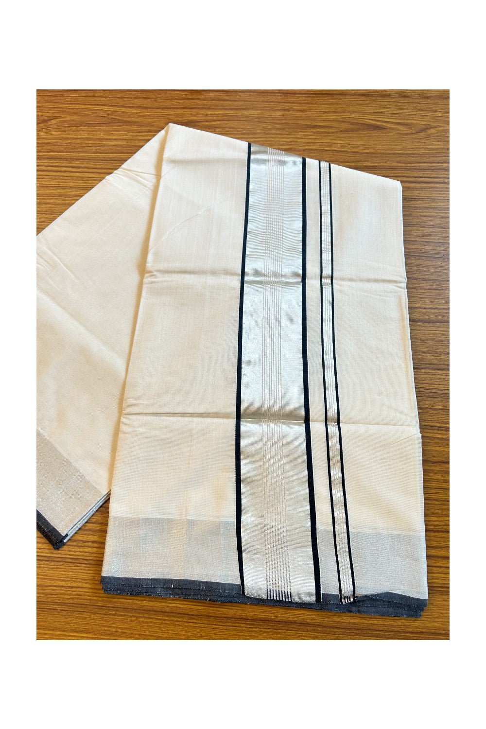 28% Discount KaithariKada HANDLOOM MILPAAV Balaramapuram Kerala Saree for Women- 100% PURE  COTTON  - Black & Silver Striped KARA - 11KK121RAM