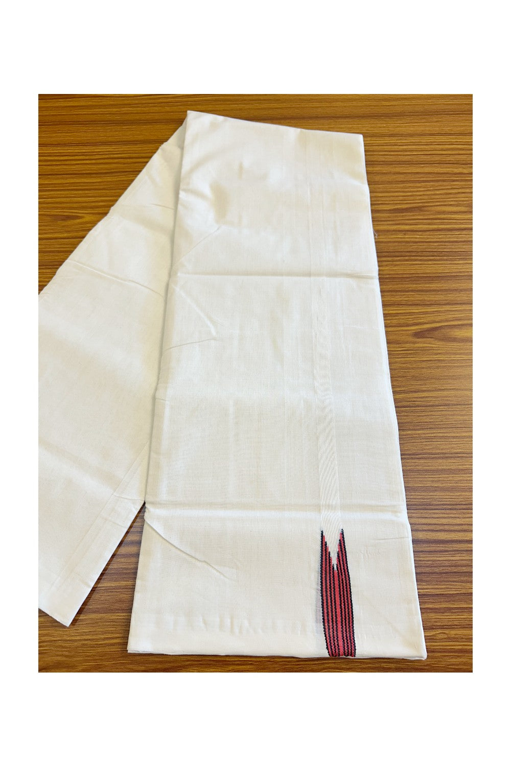 30% DISCOUNT! KaithariKada BALARAMAPURAM HANDLOOM Unakkupaav- 100% PURE Cotton 100x100 Double Mundu/Dhoti OFF WHITE (Unbleached) - PULIYILAKKARA Black & RED 2.5cm Chutty KARA-11KK135RAM