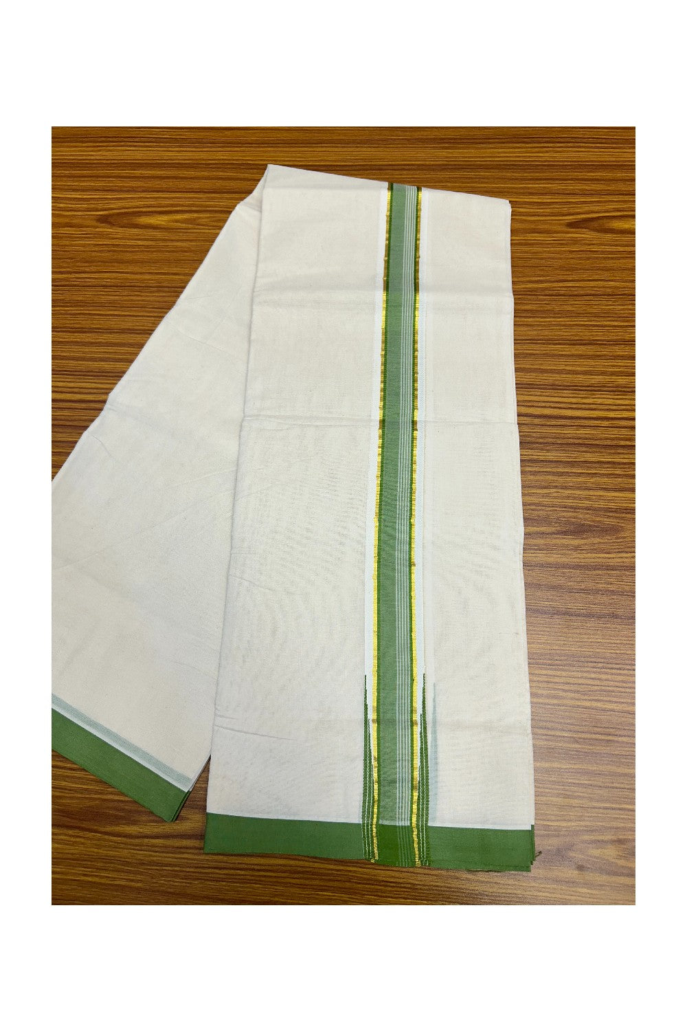 24% DISCOUNT ! KaithariKada 100% Cotton OFF WHITE (Unbleached) Double Dhoti/Mundu- 2inch Puliyilakkara GREEN & Kasavu Wings Chutty - 11KK414ASH