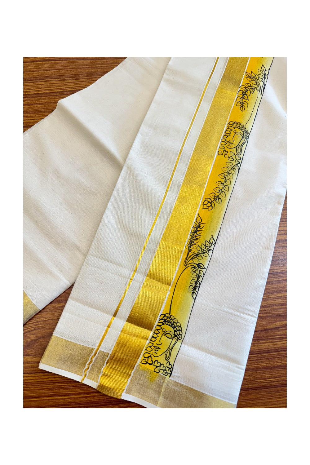 4% DISCOUNT!! KaithariKada Balaramapuram 100% Cotton Double Off white - (Unbleached) Mundu/Dhoti-80x72- 3.75 inch Kasavu Hand Painted Yellow Shaded Flower & Budha design-11