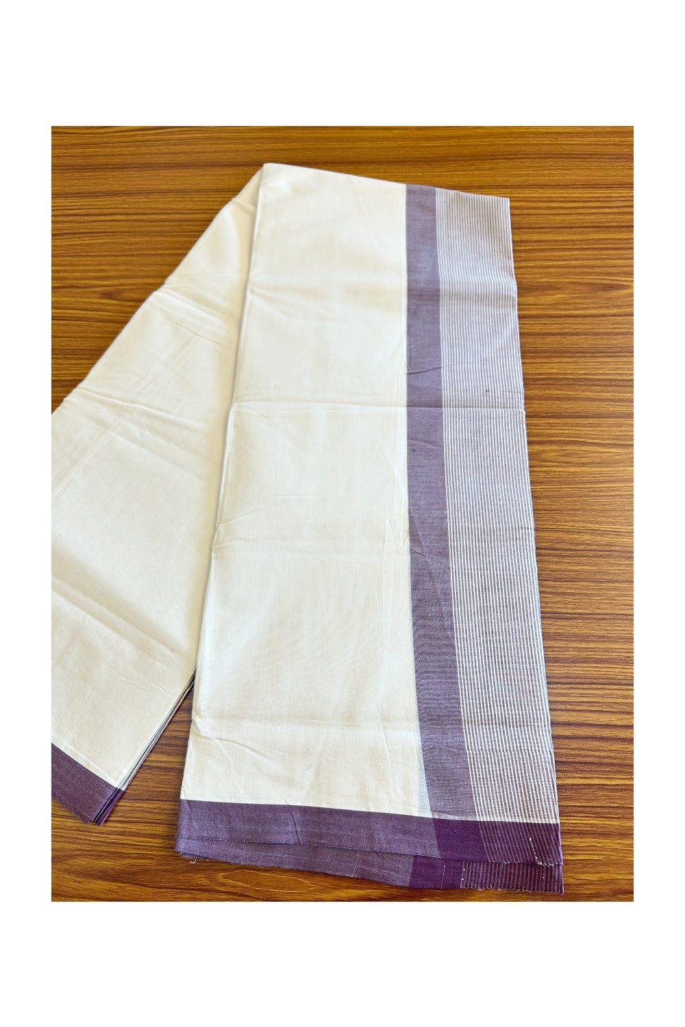30% DISCOUNT! KaithariKada Balaramapuram 100% Cotton  Off white (Unbleached) Double Mundu/Dhoti-100x100 Wine purple Stripes Kara- 11KK429ASH