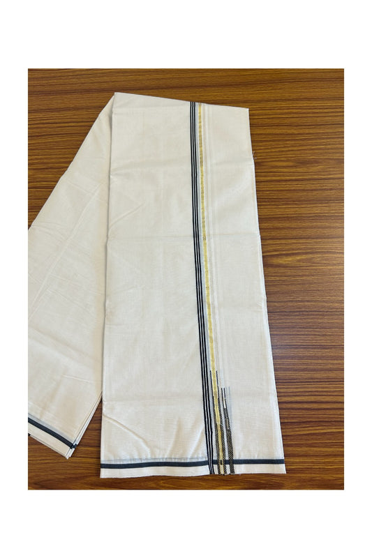 27% Discount Latest!! KaithariKada Balaramapuram 100% Cotton  Off white (Unbleached) Double Mundu/Dhoti-100x100 1.cm  Puliyilakkara Black Striped kara & Kasavu Double Chutty - 15KK455ASH