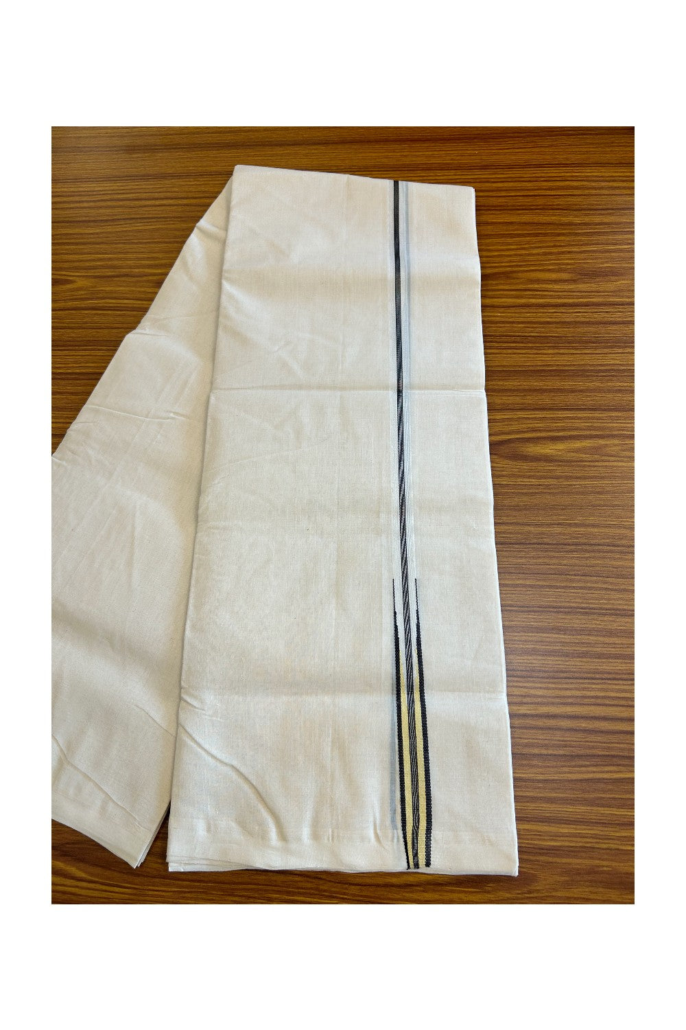 30% DISCOUNT!! KaithariKada HANDLOOM Millpaav Balaramapuram - 100% PURE Cotton OFF White Double - (Unbleached)Mundu/Dothi - 0.75 inch Puliyilakkara silver kasavu Black stripes with Black & Sand Brown chutty - 11KK5011RAM
