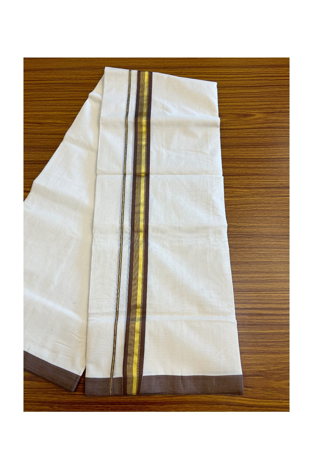 30% Discount KaithariKada HANDLOOM Unakkupaav Balaramapuram - 100% PURE Cotton Off White (Unbleached) Double Mundu/Dhoti -  2.inch Kasavu & Brown Pattern Kara-210