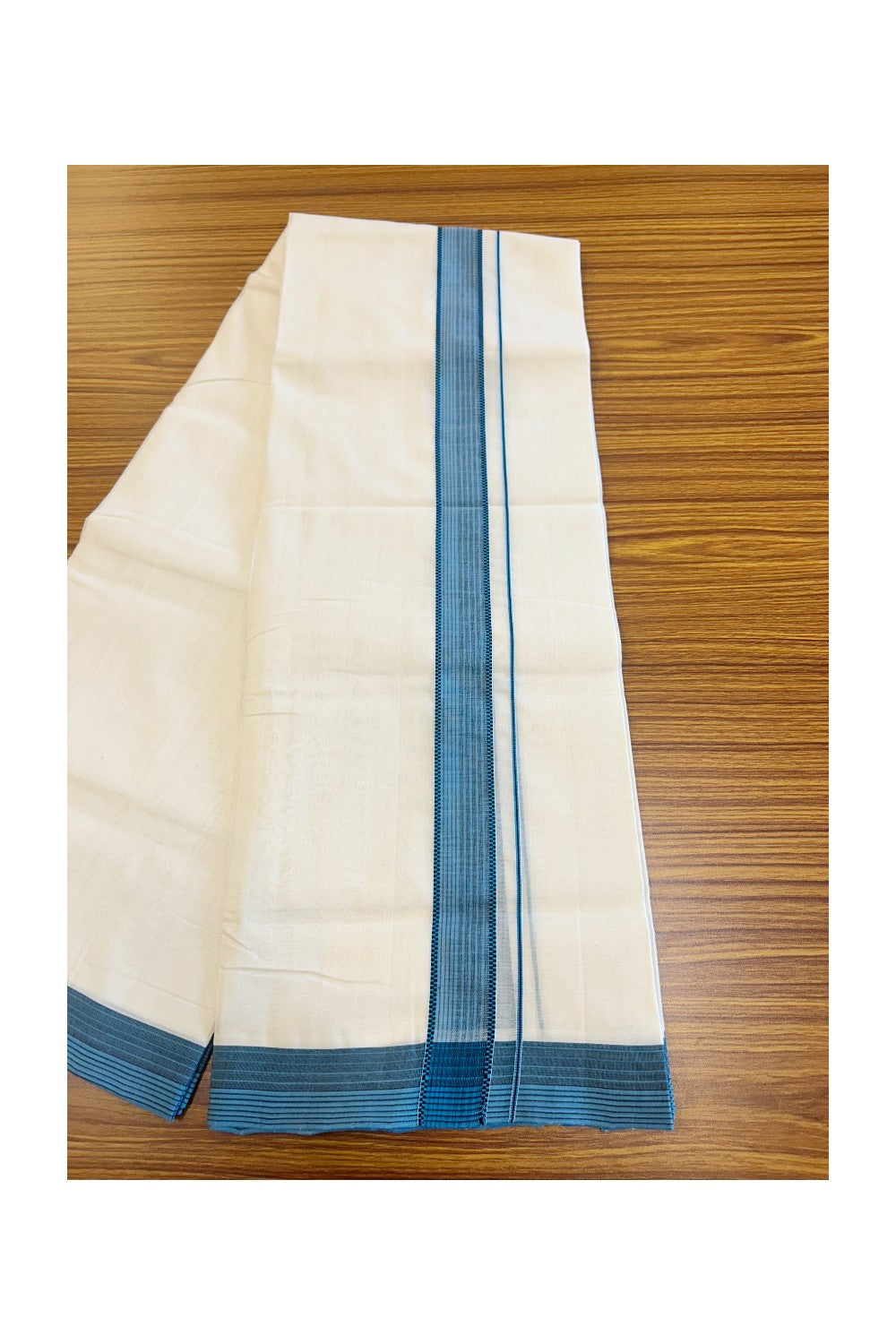 25% DISCOUNT!! KaithariKada HANDLOOM UNAKKUPAAV Balaramapuram - 100% PURE Cotton OFF White Double - (Unbleached) Mundu/Dothi - 1.75 inch Black & Blue Kara 3.82 meters - 11KK5049REA