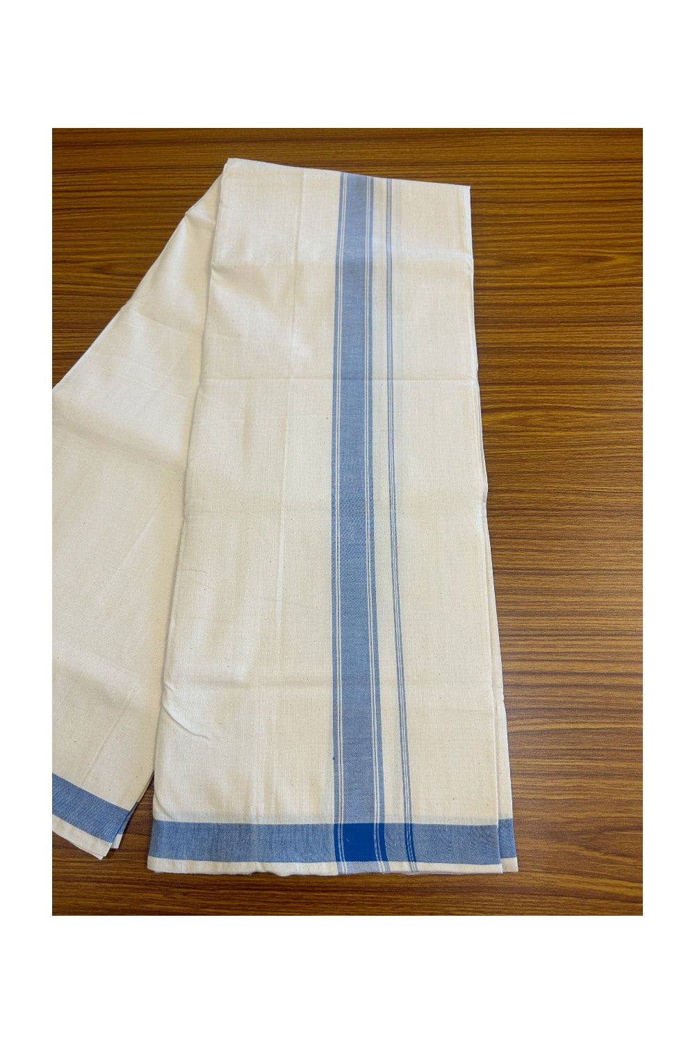 30% Discount KaithariKada 100% Cotton Balaramapuram HANDLOOM Single Mundu/Dhoti - Off White (Unbleached) 2inch(2 meter / 4 muzham) Blue Kara-305