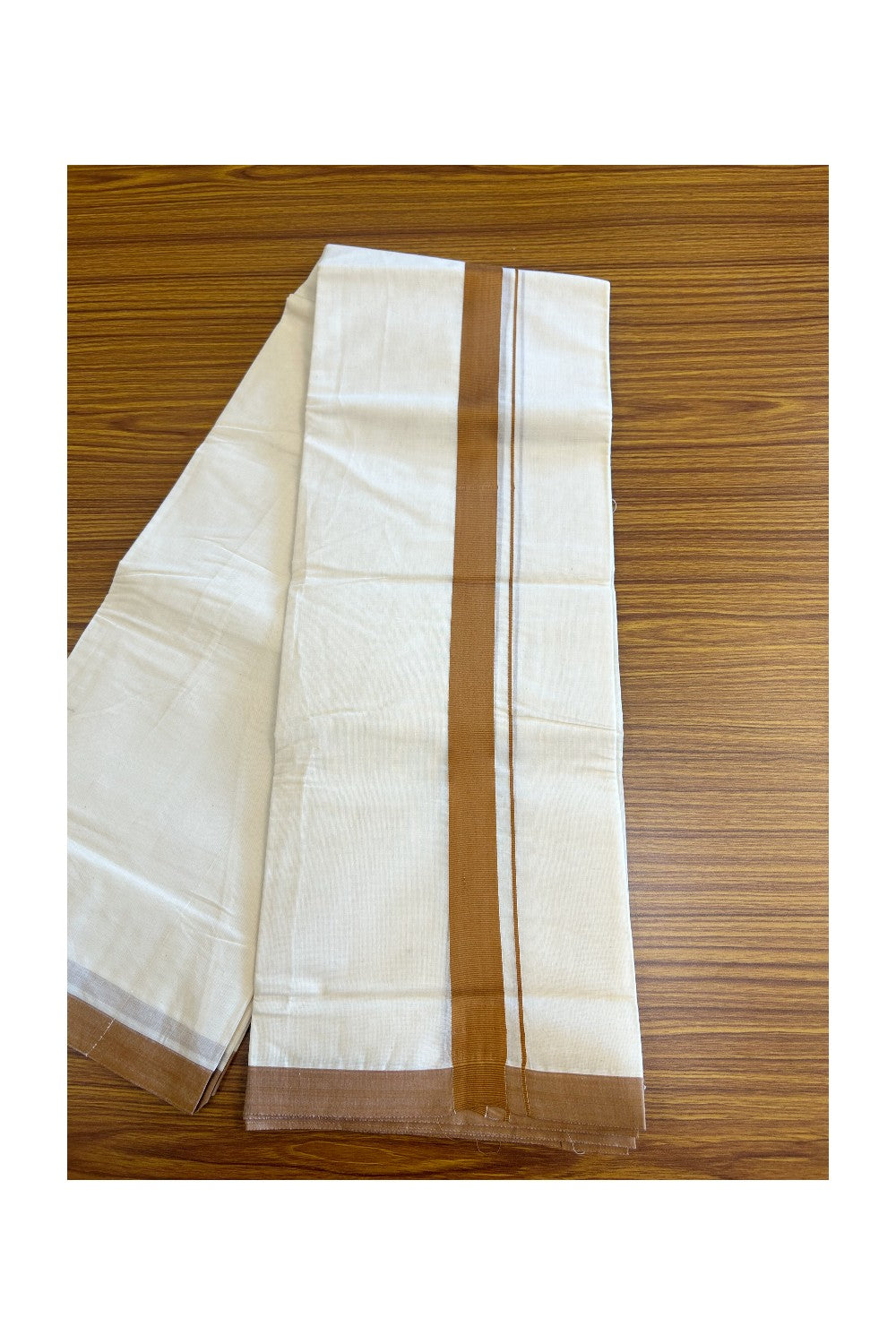 17% Discount KaithariKada Balaramapuram 100% Cotton Double Off white - (Unbleached) - Mundu/Dhoti- 100x80 - 1.75inch Brown Kara 3.75 mtr (8 Muzham) - 131