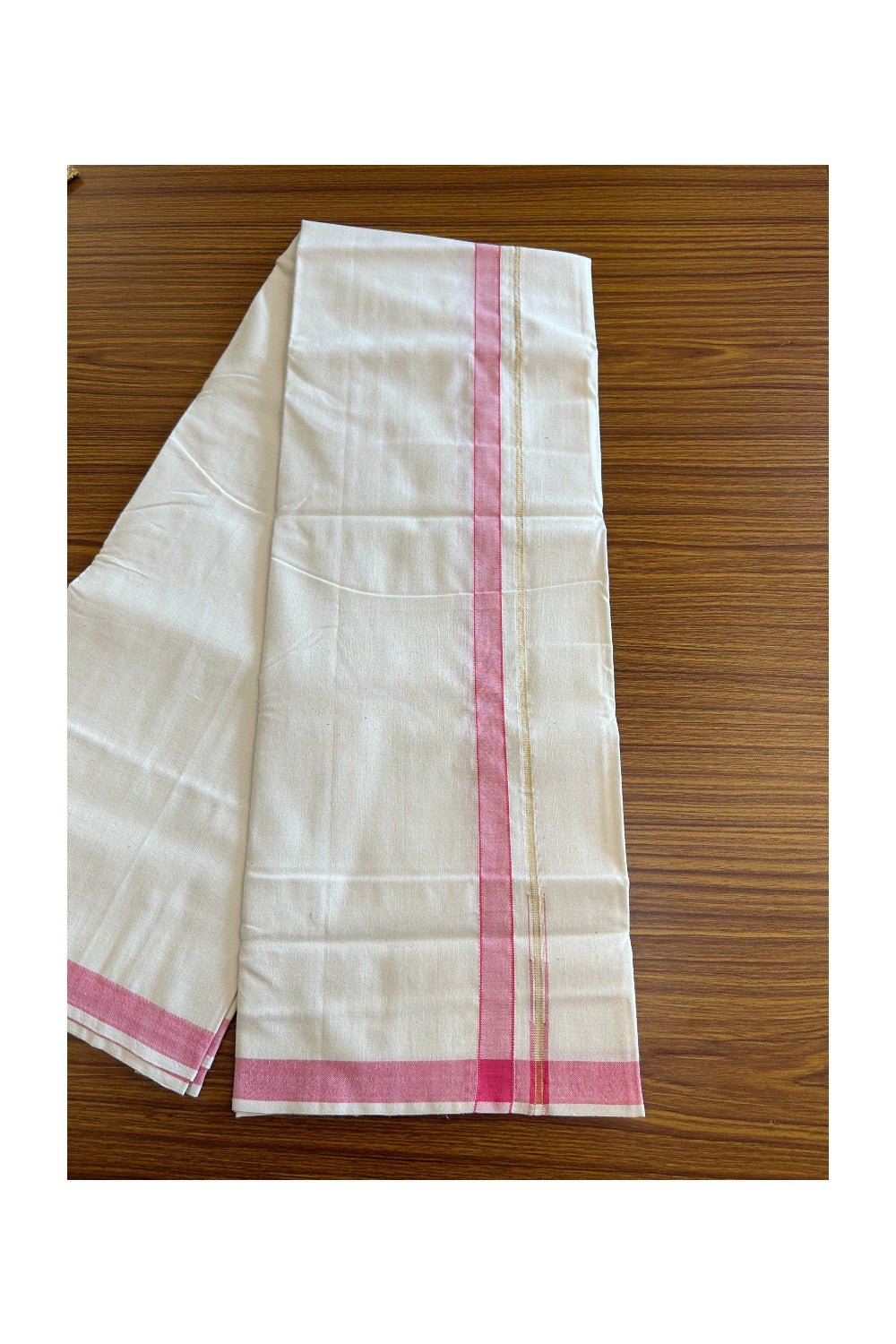 30% Discount ! KaithariKada 100% Cotton Balaramapuram HANDLOOM Single Mundu/Dhoti - Off White (Unbleached)  1.Inch (2 meter / 4 muzham) Pink & Stripes Kasavu Puliyilakkara Chutty- KK32KAI