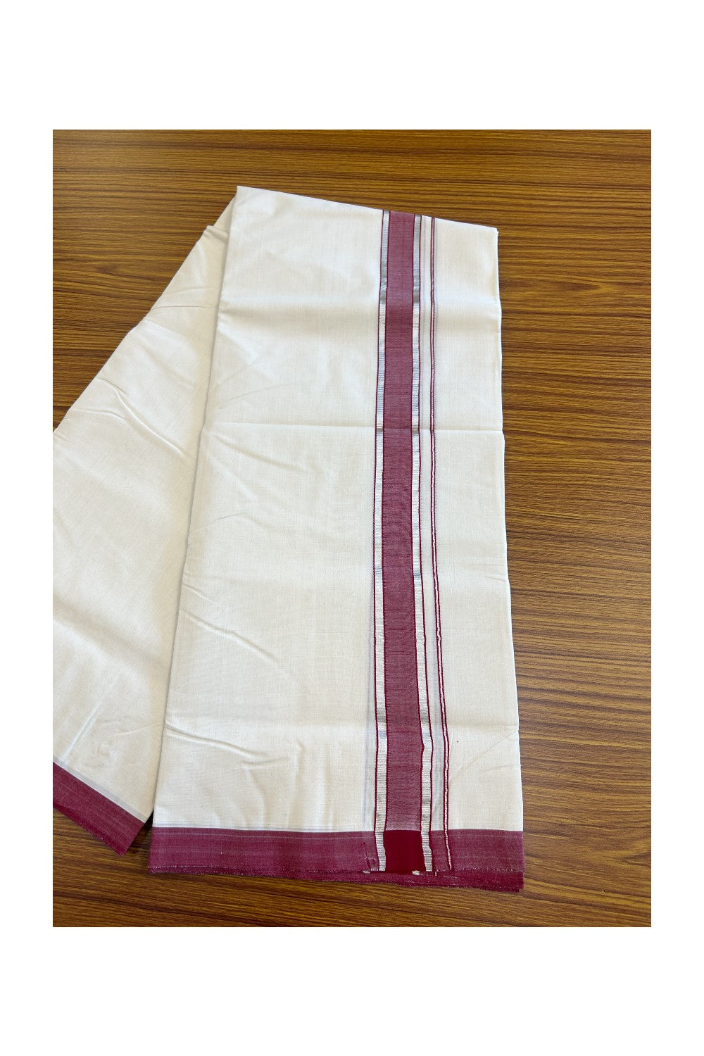 25% Discount !! KaithariKada HANDLOOM millpaav Balaramapuram - 100% PURE Cotton OFF White Double - (Unbleached)  Mundu/Dothi - 2.25  inch Silver kasavu & Maroon shaded kara 4.5 Meters (10 Muzham) - 11KK5081RAM