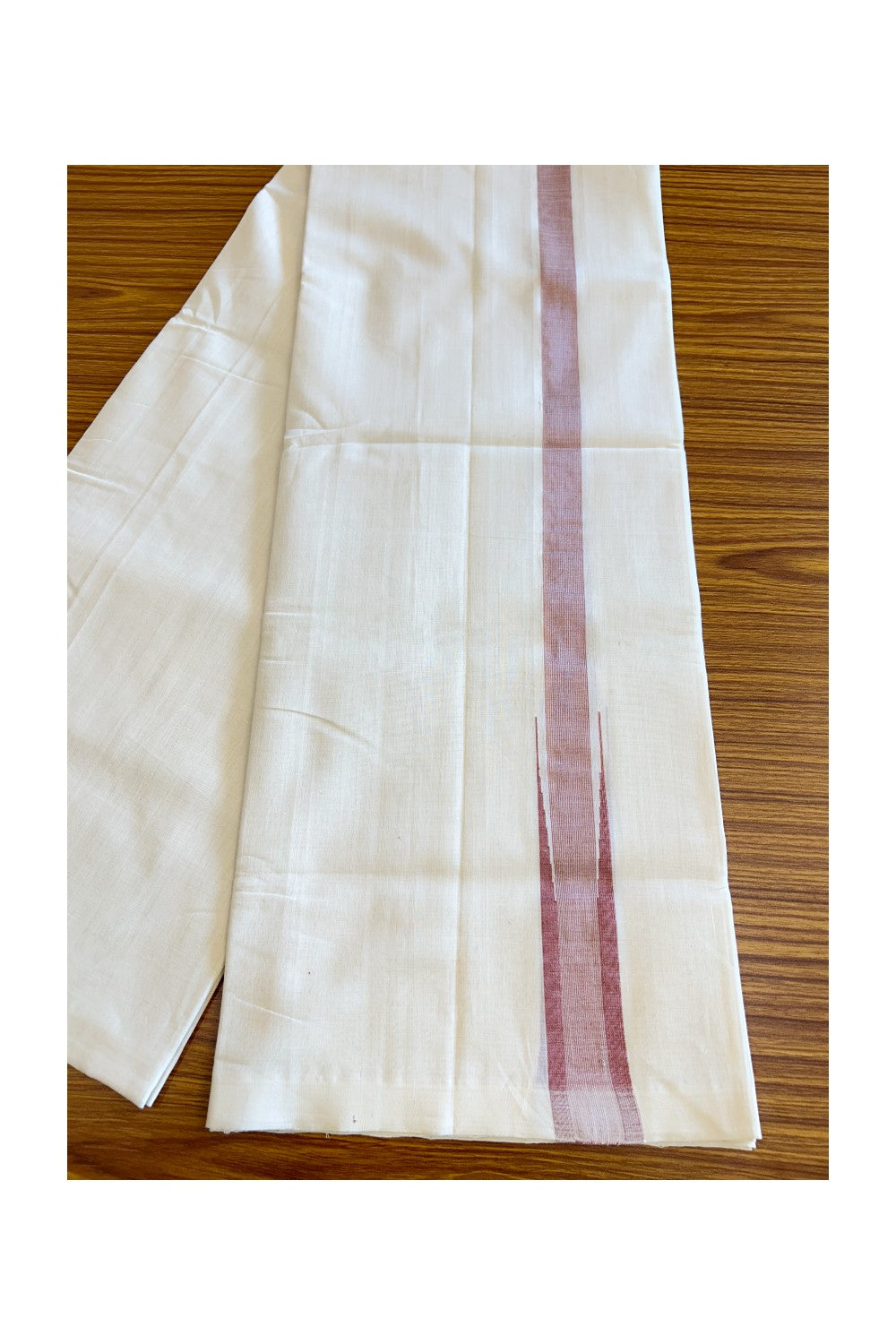 30% DISCOUNT! KaithariKada BALARAMAPURAM HANDLOOM UNAKKUPAAV - 100% PURE Cotton Off white (Unbleached) Double Mundu/Dhoti - 1.25 inch Dark Peach & Silver Kasav Chutty  Kara - 11KK5123RAM