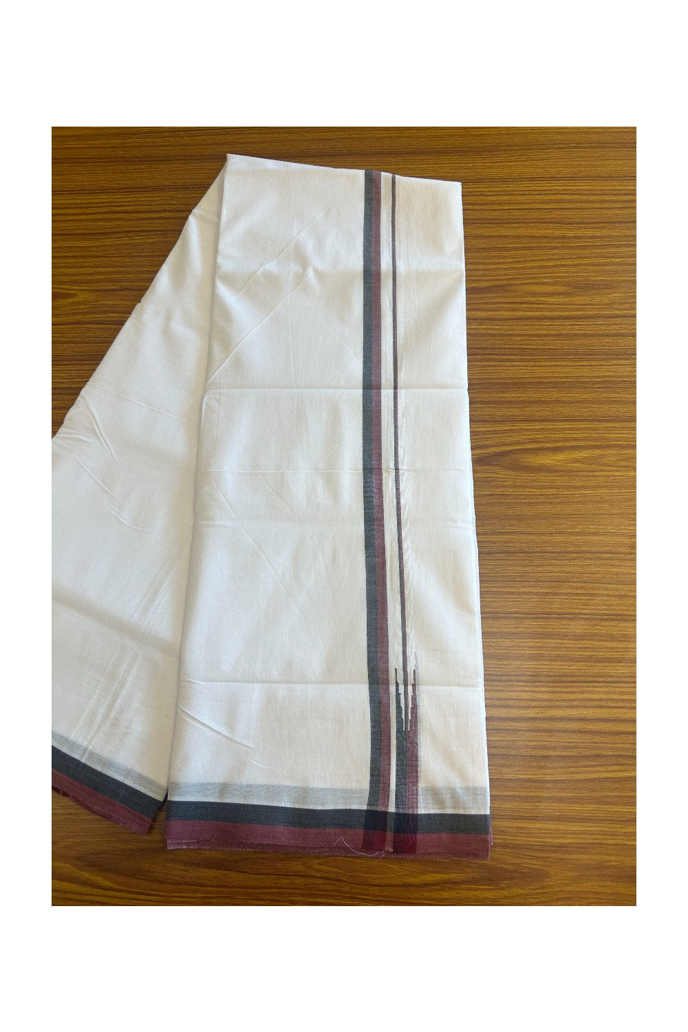 DMK Veshti - 25% Discount !! KaithariKada Balaramapuram Double PURE WHITE Mundu/Dhoti - 100X100 - 0.75 inch Puliyilakkara Maroon & Black Chutty Kara  - 9KK5127ASH