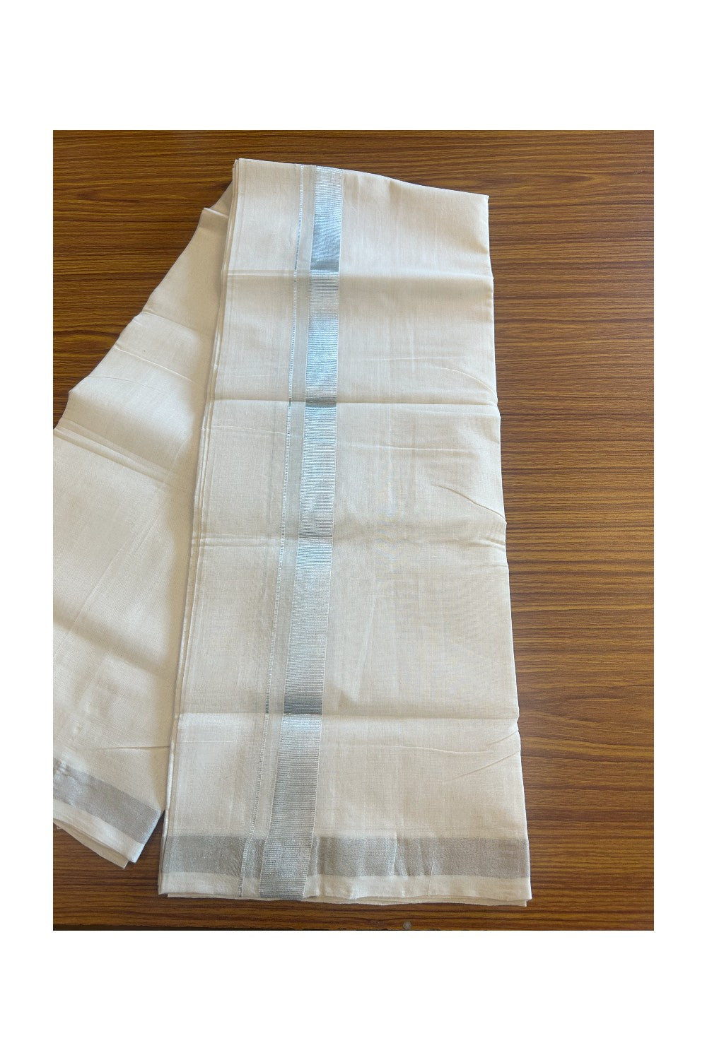 30% DISCOUNT! KaithariKada HANDLOOM unakkupaav Balaramapuram - 100% PURE Cotton Off White (Unbleached) Double Mundu/Dhoti - 1.25 inch Silver Kasav Kara - 11KK2018YAR