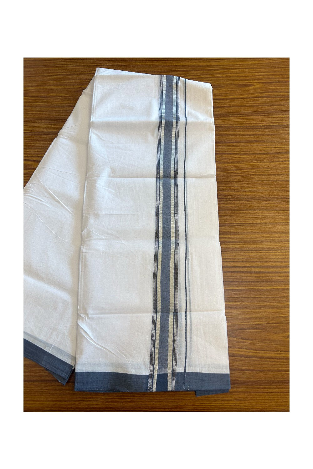 30% Discount KaithariKada HANDLOOM Unakkupaav Balaramapuram - 100% PURE Cotton PURE WHITE - 100x100 Double Mundu/Dhoti - 1.5 inch Ash Blue & Silver Kasavu Shaded Kara - 11KK5129YAR