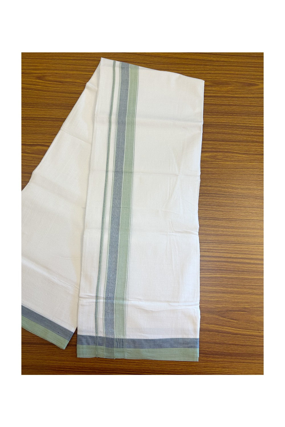 28% DISCOUNT! KaithariKada Balaramapuram 100% Cotton PURE WHITE Double Mundu/Dhoti - 100x80 - 1.75 inch Pista Green & Blue shaded designer kara - 11KK5134THI