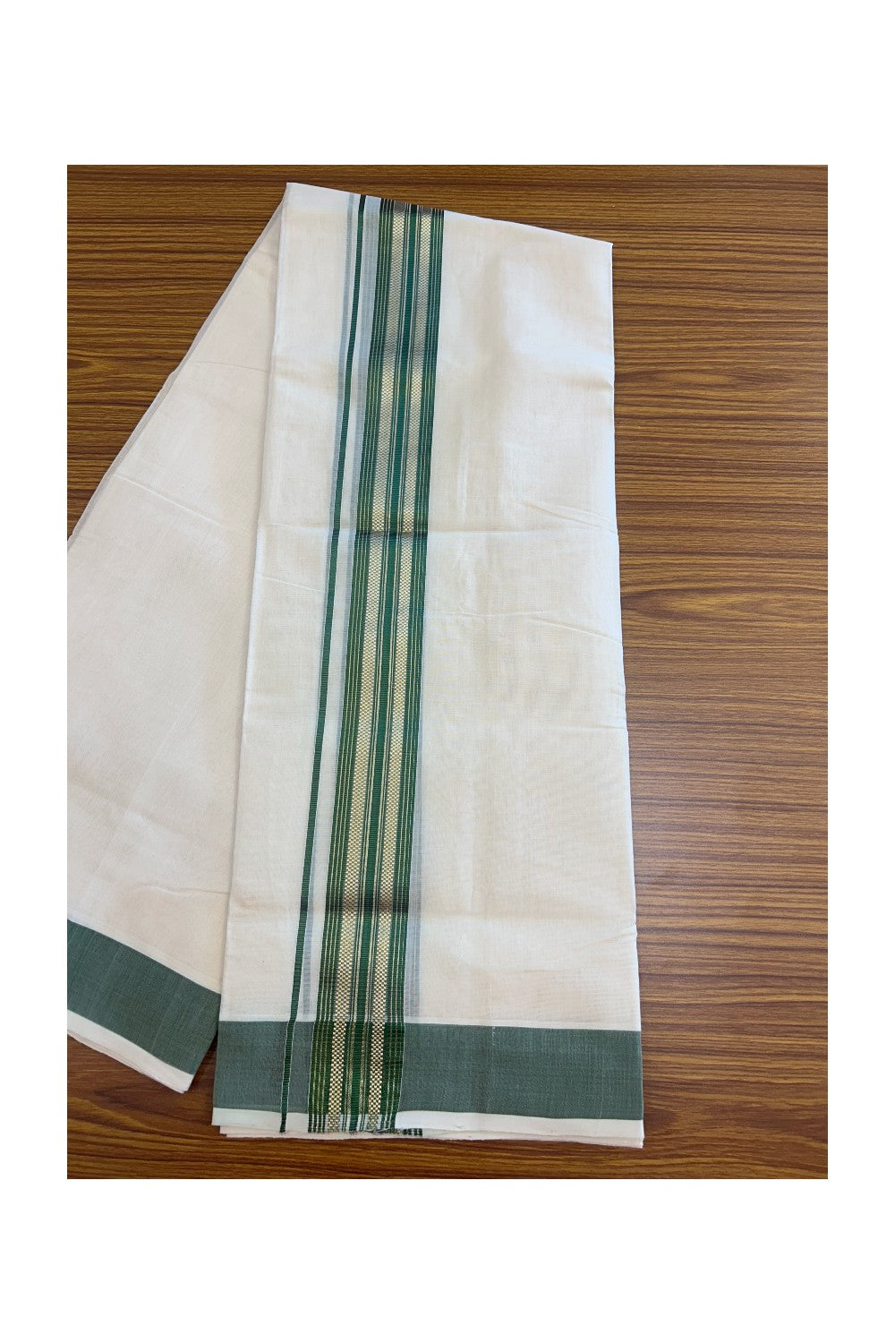 27% DISCOUNT!! KaithariKada HANDLOOM millpaav Balaramapuram - 100% PURE Cotton OFF White - (Unbleached) Double Mundu/Dothi - 2 inch Green colour kasavu  & Gold Kasavu Striped kara - 4KK5162RAM