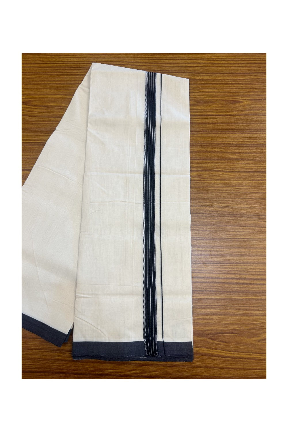 25% DISCOUNT!! KaithariKada HANDLOOM  UNAKKUPAAV Balaramapuram - 100% PURE Cotton OFF White - (Unbleached) Double Mundu/Dothi - 100x100 - 1 inch Navy Blue & White pattern kara 3.80 meter (8.5 Muzham) - 15KK5167REA