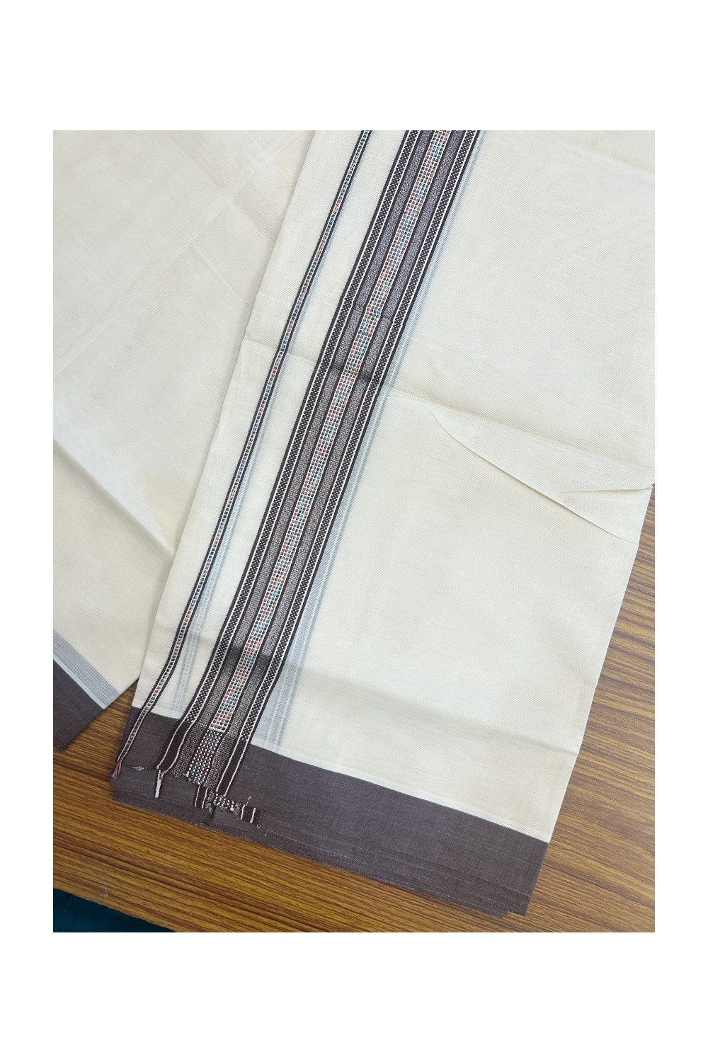 20% DISCOUNT ! KaithariKada Balaramapuram 100% Cotton Double off white (Unbleached) Mundu/Dhoti - 100X80 - 1.5 inch Silver kasavu & Dark Brown jacquard design kara - 11KK5172PMC