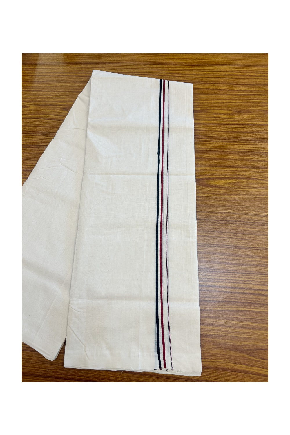 ADMK VESHTI - 25% DISCOUNT!! KaithariKada HANDLOOM UNAKKUPAAV Balaramapuram - 100% PURE Cotton OFF White Double - (Unbleached) Mundu/Dothi - 100x100 - 0.5 inch Black White & Maroon kara - 10KK5177RAM