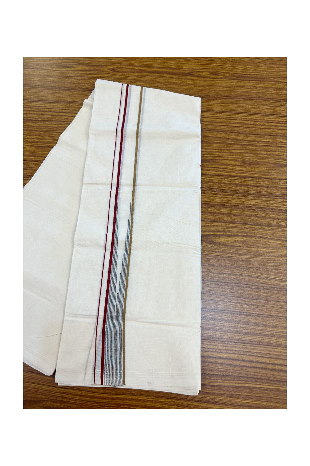 20% Discount ! Kaitharikada Balaramapuram 100% Cotton Double Off white (Unbleached) Mundu/Dhoti - 100x80 - 1.5 inch Maroon & Brown Stripes Chutty Kara - 11KK5186CKS