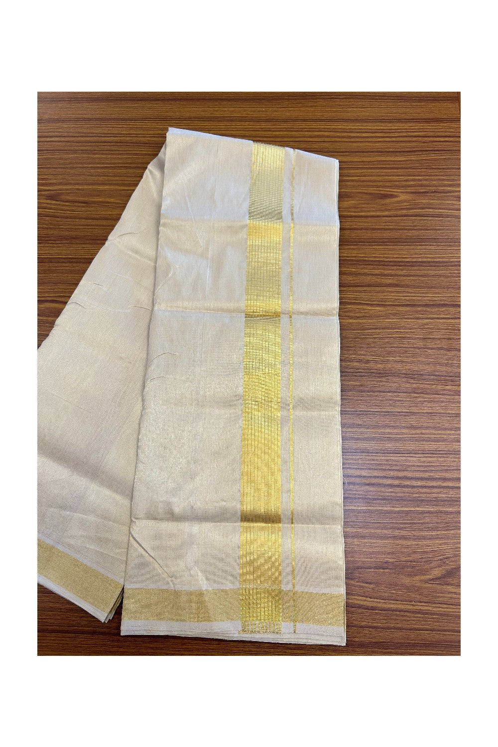 25% DISCOUNT! KaithariKada HANDLOOM UNAKKUPAAV Balaramapuram - 100% PURE Cotton Off White (Unbleached) - Double Mundu/Dhoti - 2 inch Gold striped Kasavu Tissue Body - 11KK5190ABH