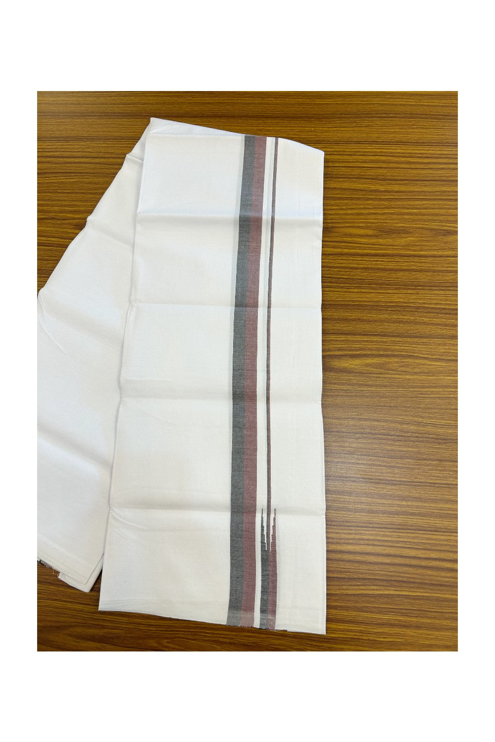 DMK Veshti - 20% Discount !! KaithariKada Balaramapuram PURE WHITE SINGLE Mundu/Dhoti - 100X100 - 1.25 inch Puliyilakkara Maroon & Black Chutty Kara (2 meter / 4 muzham) - 10KK5224 ASH