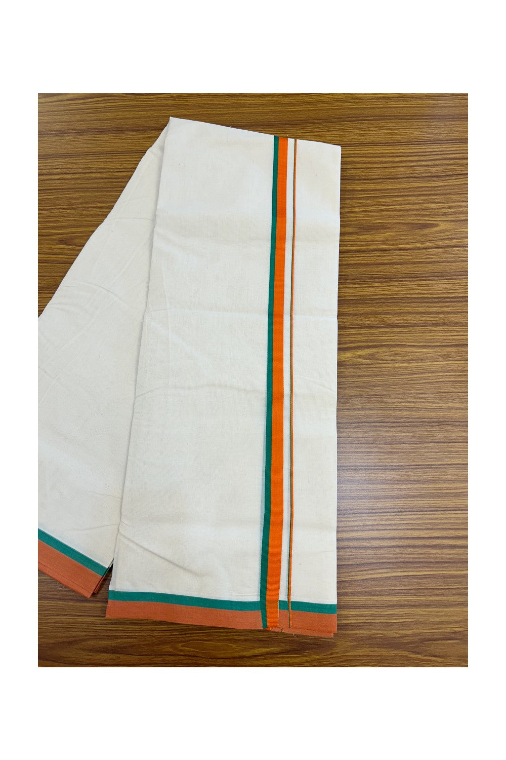BJP VESHTI - 20% DISCOUNT! KaithariKada 100% Cotton off white Double - (Unbleached) Mundu/Dhoti - 100X80 - 0.75 inch Orange & Green Kara - 3.80 mtr ( 8 muzham)- 11KK5228 ASH