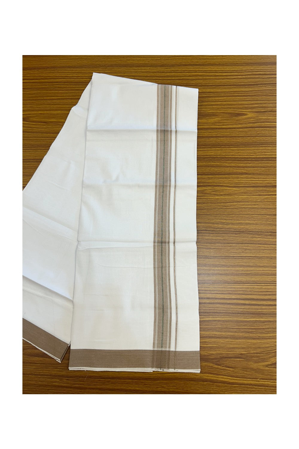 24% Discount !! KaithariKada Balaramapuram 100% Cotton Pure white Single Mundu/Dhoti - Twisted 60s Thread- 1.25 inch Silver Kasavu Pastel Brown & Green Shaded Striped Kara (2 meter / 4 muzham) - 11KK5241 GL